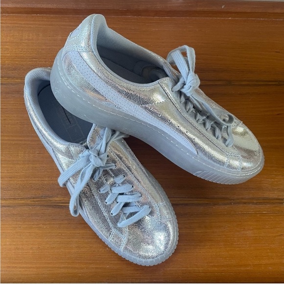 Puma Shoes - Puma Silver Glitter Platform Sneakers, NWOB